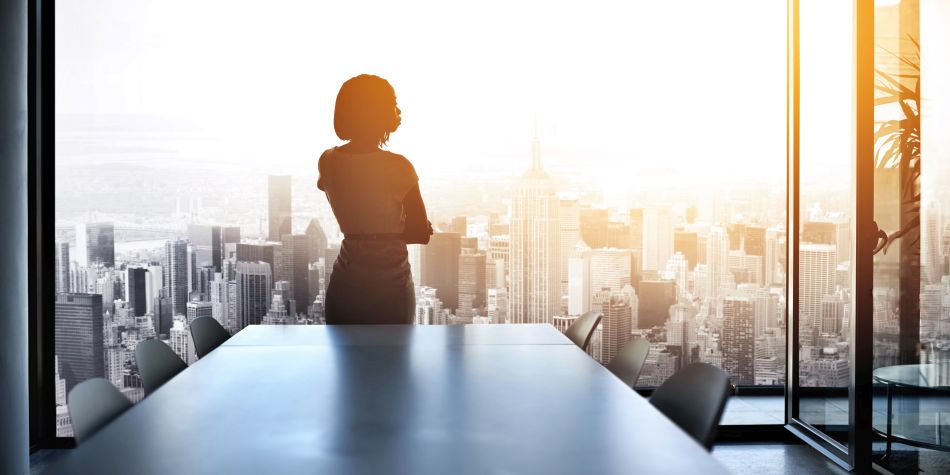 Woman standing at window looking over skyline